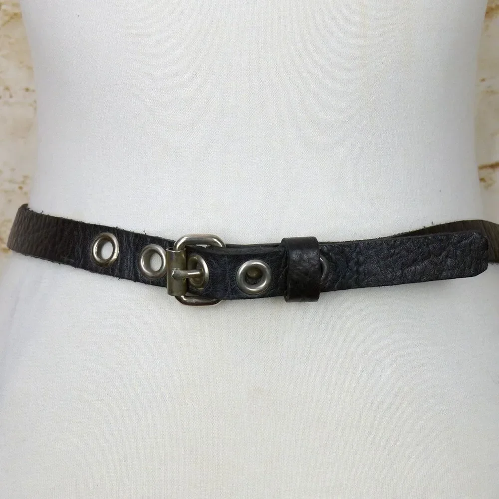 Black Pebbled Genuine Leather Grommet Belt Size 34 Narrow Punk Goth Y2K Rock Emo